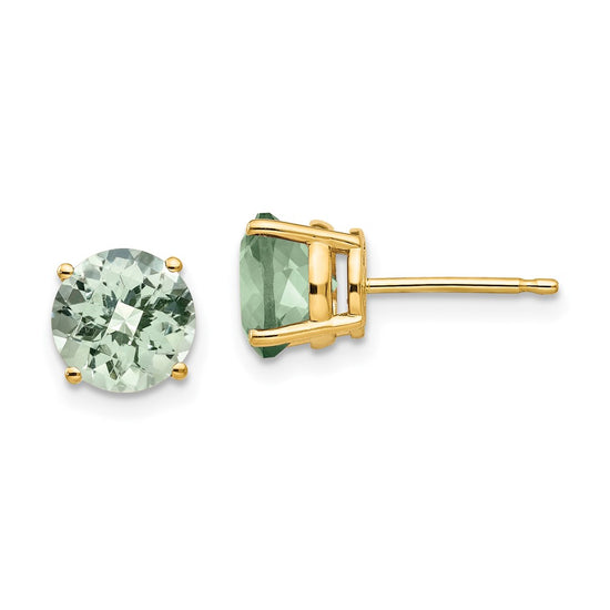 14k 7mm Round Checker-Cut Green Quartz Post Earrings