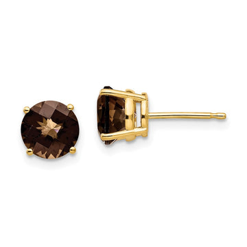 14k 7mm Round Checker-Cut Smoky Quartz Post Earrings