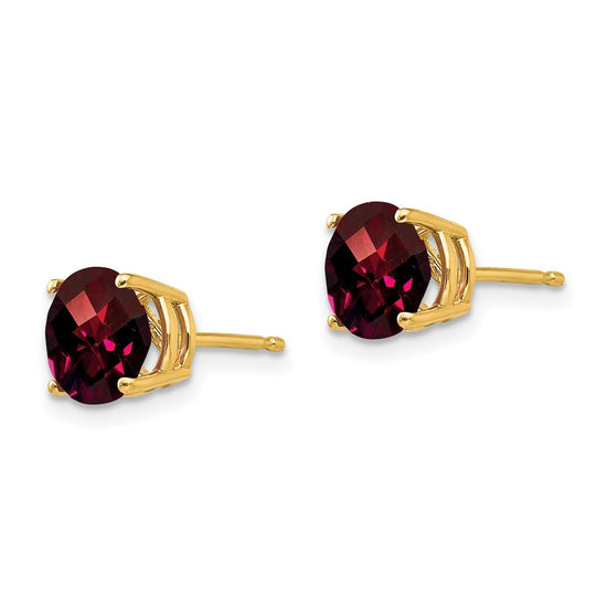 14k 7mm Round Checker-cut Garnet Post Earrings