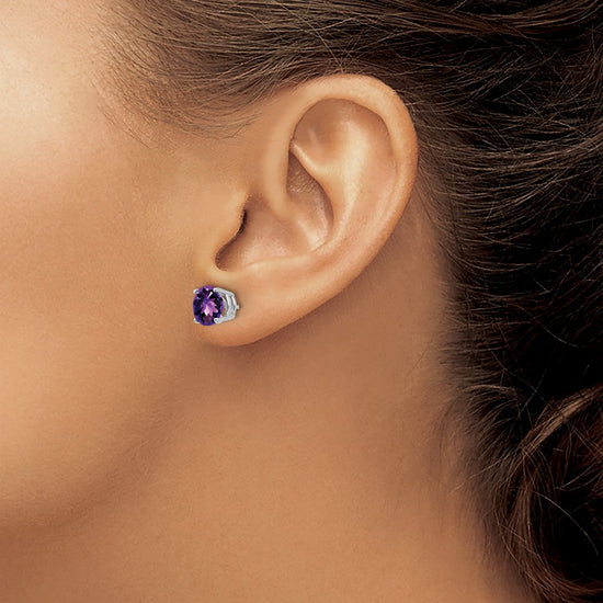 14k White Gold 7mm Round Checker-cut Amethyst Post Earrings