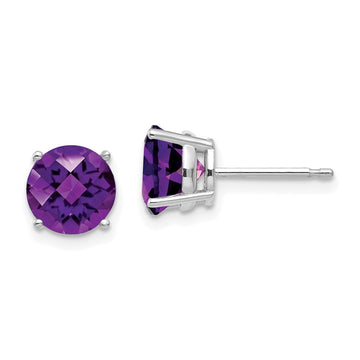 14k White Gold 7mm Round Checker-cut Amethyst Post Earrings
