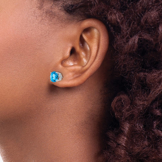 14k White Gold 7mm Round Checker-cut Blue Topaz Post Earrings