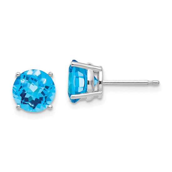 14k White Gold 7mm Round Checker-cut Blue Topaz Post Earrings