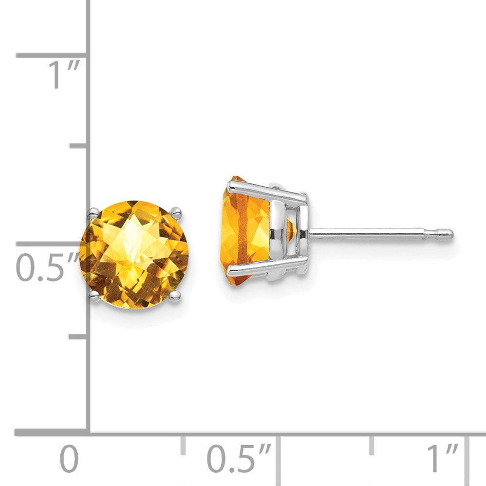 14k White Gold 7mm Round Checker-cut Citrine Post Earrings