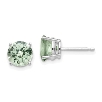 14k White Gold 7mm Round Checker-Cut Green Quartz Post Earrings