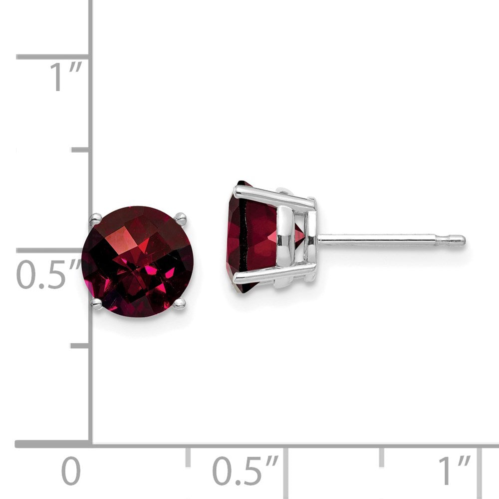 14k White Gold 7mm Round Checker-cut Garnet Post Earrings