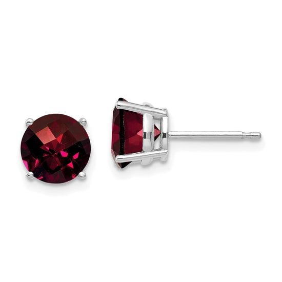 14k White Gold 7mm Round Checker-cut Garnet Post Earrings