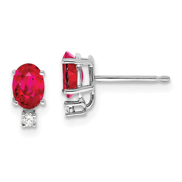 14k White Gold 6x4mm Oval Ruby and AA Quality Diamond Post Earrings