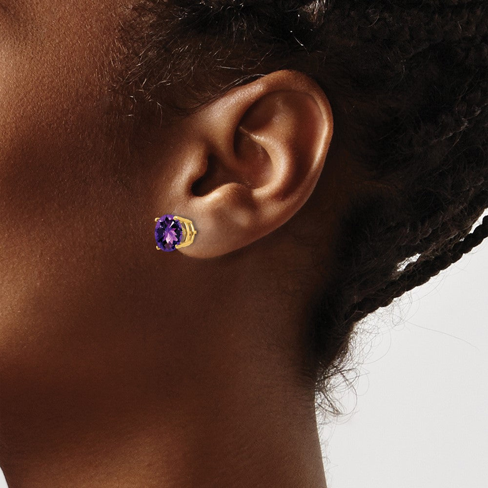 14k 8mm Round Checker-cut Amethyst Post Earrings
