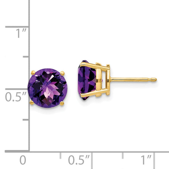 14k 8mm Round Checker-cut Amethyst Post Earrings