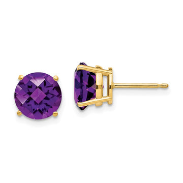 14k 8mm Round Checker-cut Amethyst Post Earrings