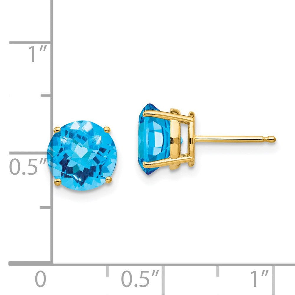 14k 8mm Round Checker-cut Blue Topaz Post Earrings