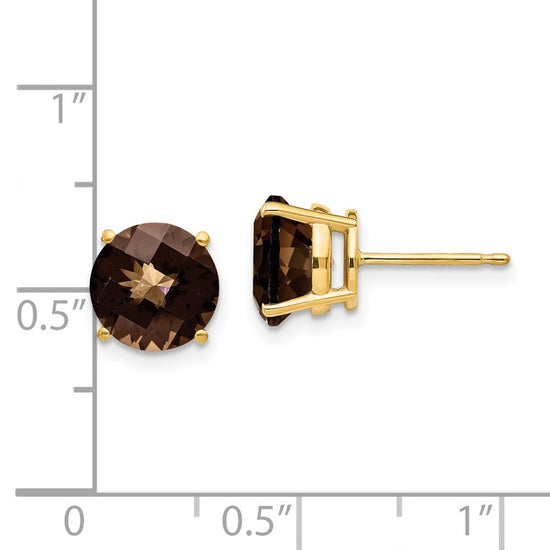 14k 8mm Round Checker-Cut Smoky Quartz Post Earrings