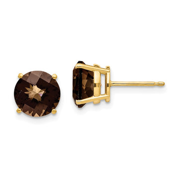 14k 8mm Round Checker-Cut Smoky Quartz Post Earrings