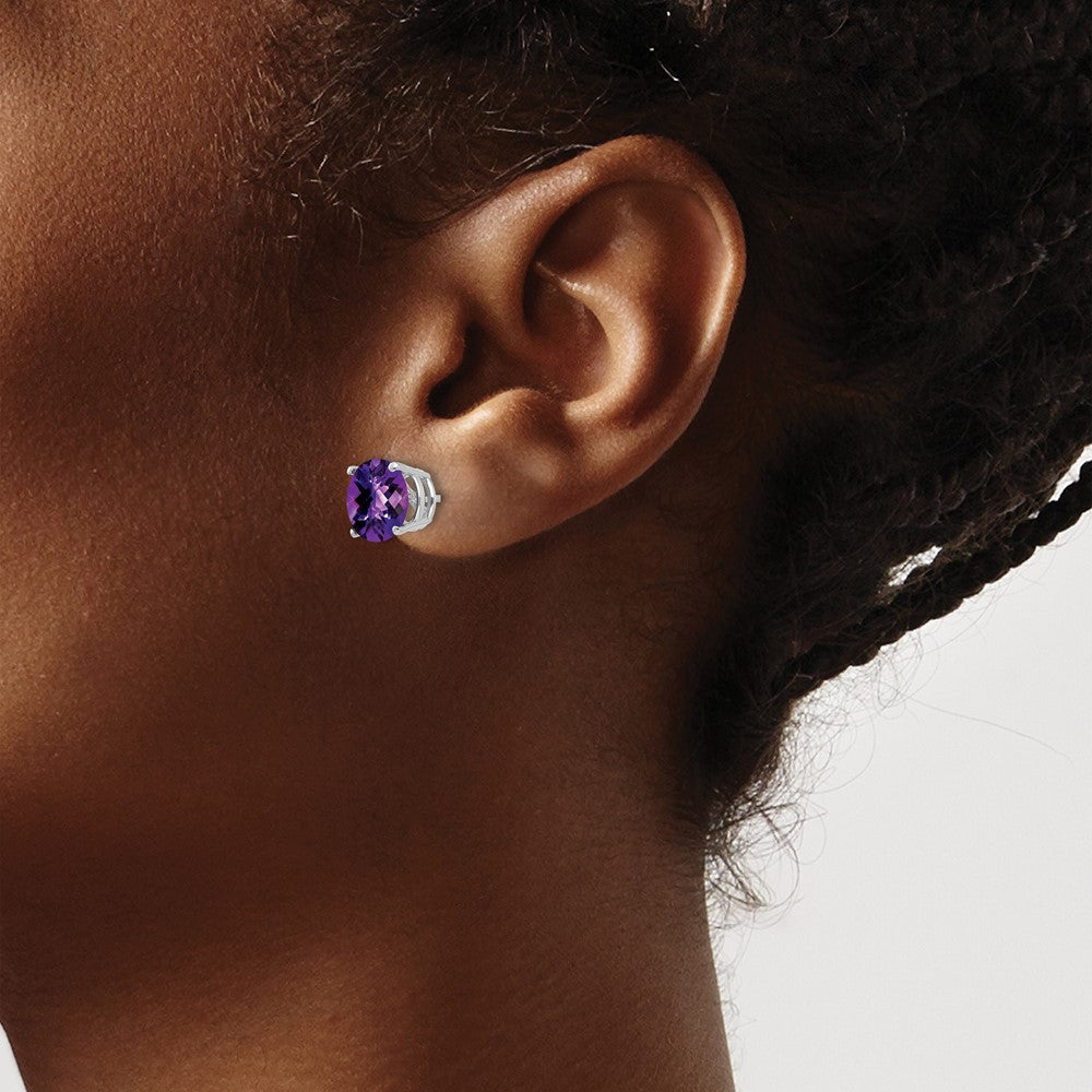 14k White Gold 8mm Round Checker-cut Amethyst Post Earrings