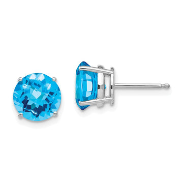 14k White Gold 8mm Round Checker-cut Blue Topaz Post Earrings