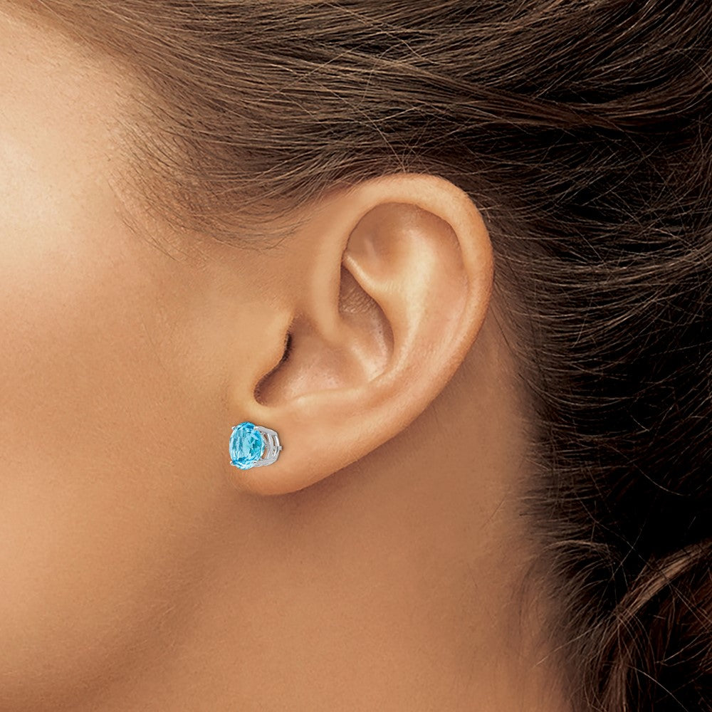 14k White Gold 8mm Round Blue Topaz Post Earrings