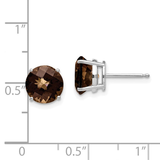 14k White Gold 8mm Round Checker-Cut Smoky Quartz Post Earrings