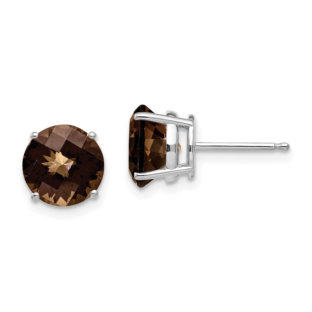 14k White Gold 8mm Round Checker-Cut Smoky Quartz Post Earrings
