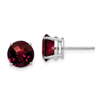 14k White Gold 8mm Round Checker-cut Garnet Post Earrings