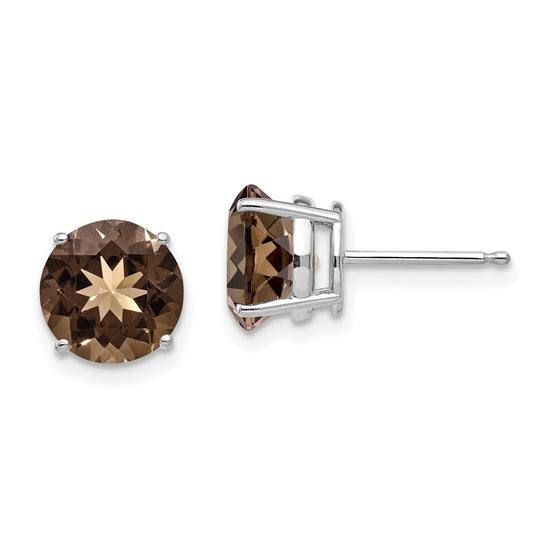14k White Gold 8mm Round Smoky Quartz Post Earrings