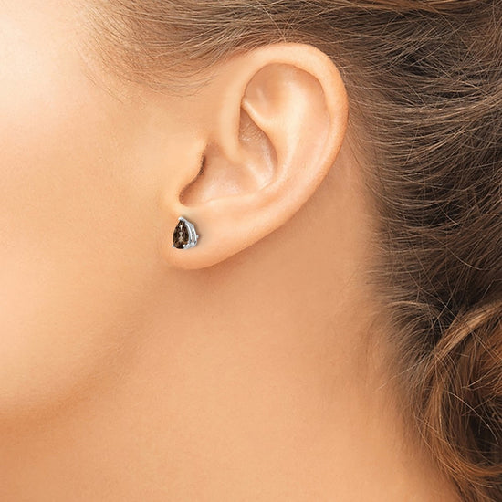 14k White Gold 6x4mm Pear Smoky Quartz Post Earrings