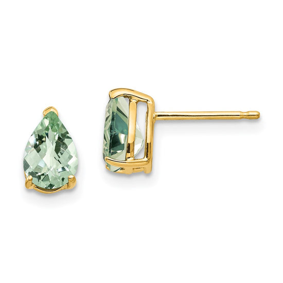 14k 7x5mm Pear Checker-Cut Green Quartz Post Earrings