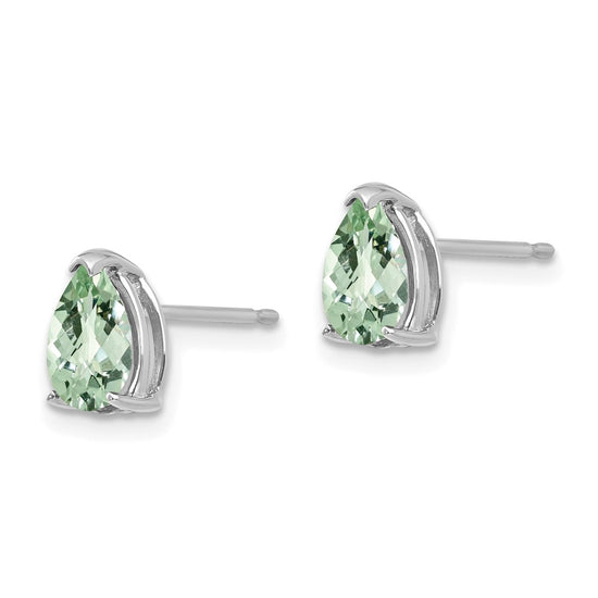 14k White Gold 7x5mm Pear Checker-Cut Green Quartz Post Earrings