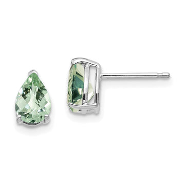 14k White Gold 7x5mm Pear Checker-Cut Green Quartz Post Earrings