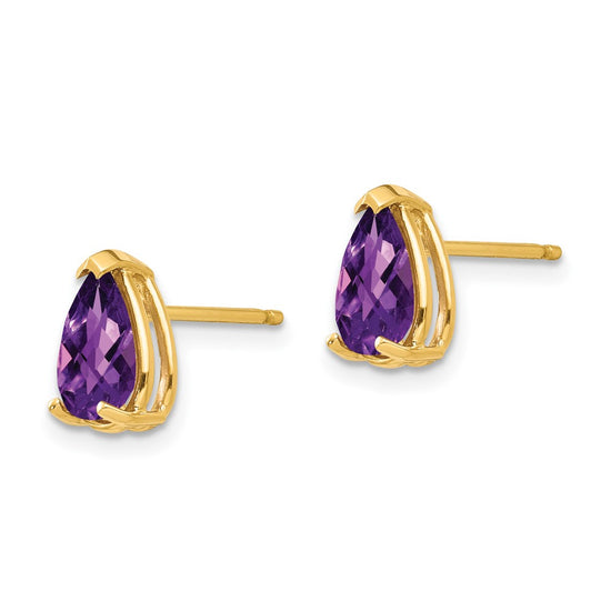 14k 8x5mm Pear Checker-cut Amethyst Post Earrings