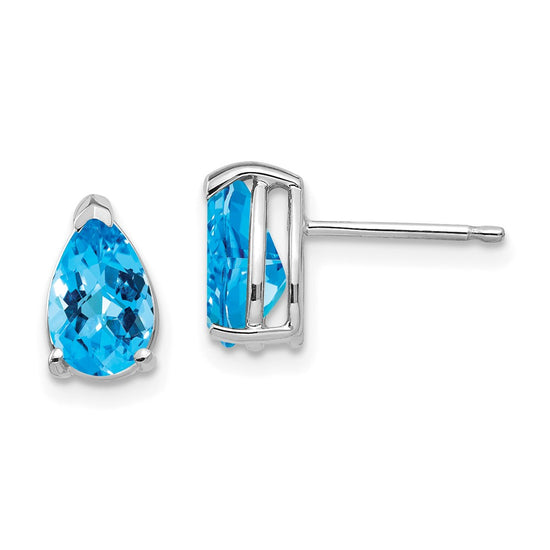 14k White Gold 8x5mm Pear Checker-cut Blue Topaz Post Earrings