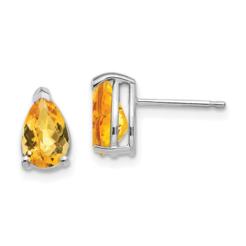 14k White Gold 8x5mm Pear Checker-cut Citrine Post Earrings