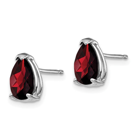 14k White Gold 8x5mm Pear Checker-cut Garnet Post Earrings