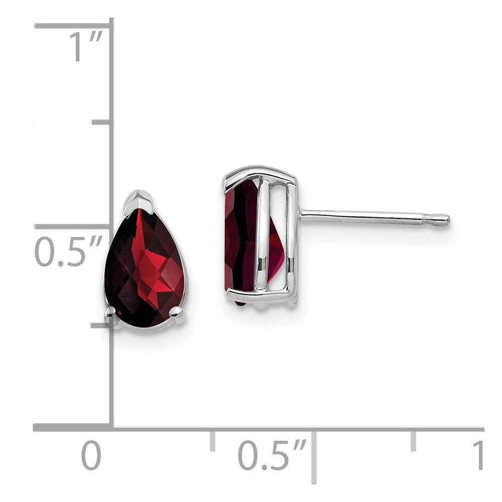 14k White Gold 8x5mm Pear Checker-cut Garnet Post Earrings