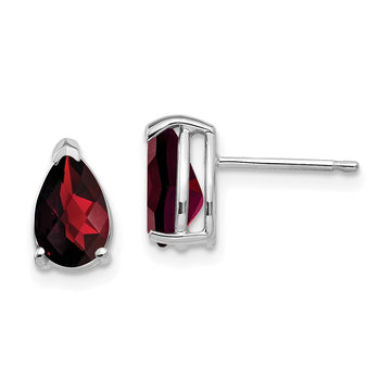 14k White Gold 8x5mm Pear Checker-cut Garnet Post Earrings