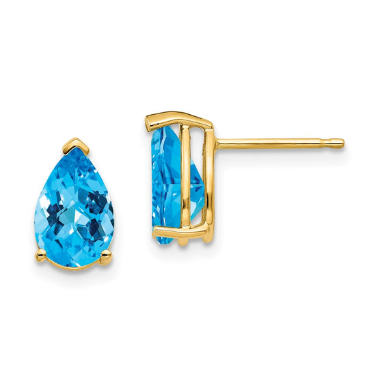 14k 9x6mm Pear Checker-cut Blue Topaz Post Earrings