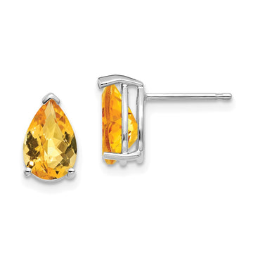 14k White Gold 9x6mm Pear Checker-cut Citrine Post Earrings