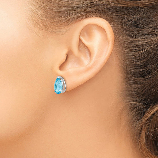 14k White Gold 12x8mm Pear Blue Topaz Post Earrings