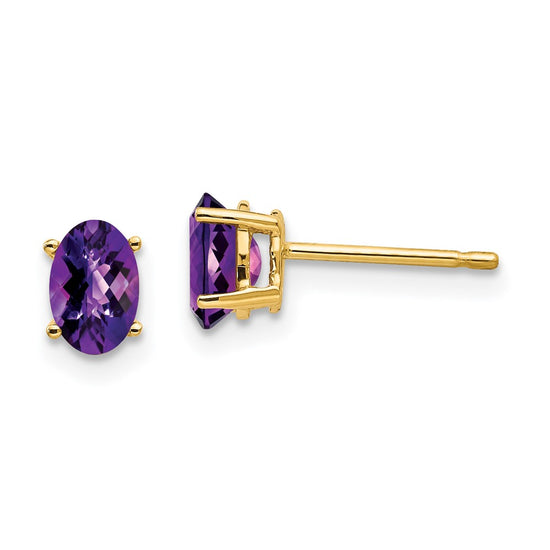 14k 6x4mm Oval Checker-cut Amethyst Post Earrings