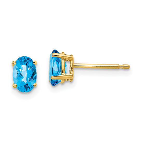14k 6x4mm Oval Checker-cut Blue Topaz Post Earrings