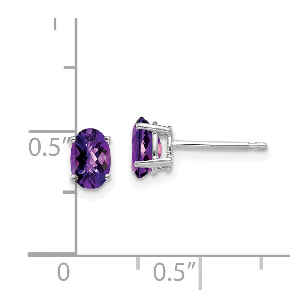 14k White Gold 6x4mm Oval Checker-cut Amethyst Post Earrings