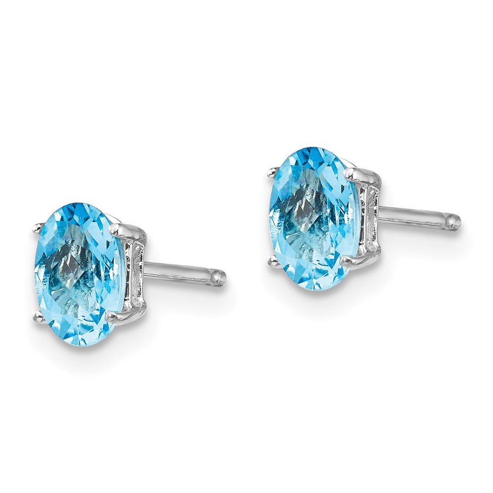 14k White Gold 6x4mm Oval Checker-cut Blue Topaz Post Earrings