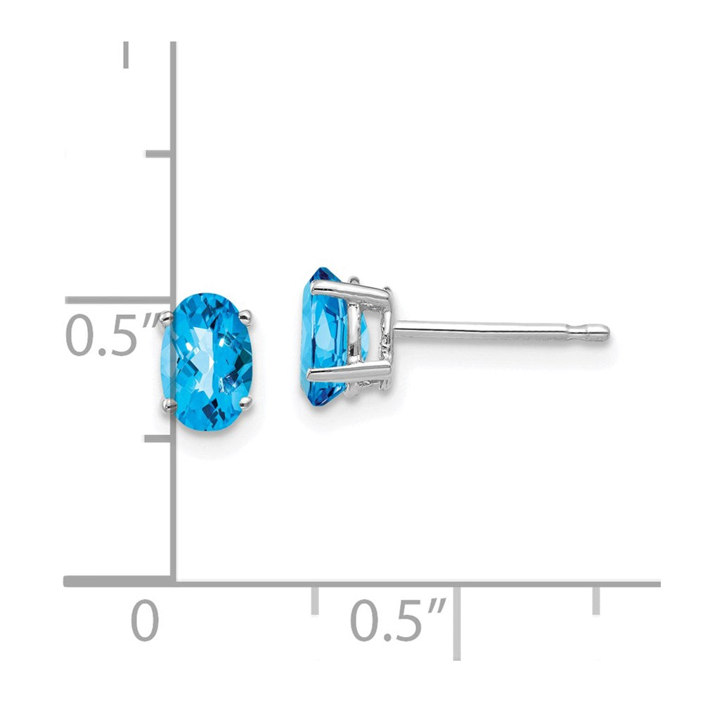 14k White Gold 6x4mm Oval Checker-cut Blue Topaz Post Earrings