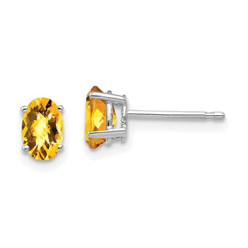 14k White Gold 6x4mm Oval Checker-cut Citrine Post Earrings