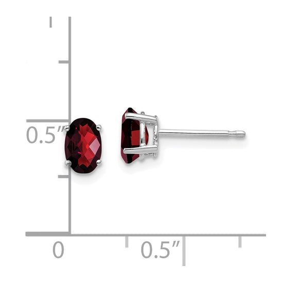 14k White Gold 6x4mm Oval Checker-cut Garnet Post Earrings
