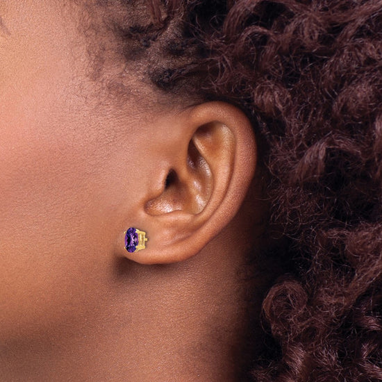 14k 7x5mm Oval Checker-cut Amethyst Post Earrings