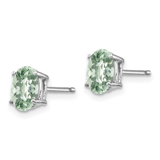 14k White Gold 7x5mm Oval Checker-Cut Green Quartz Post Earrings
