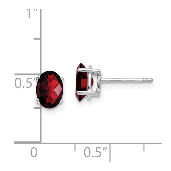 14k White Gold 7x5mm Oval Checker-cut Garnet Post Earrings