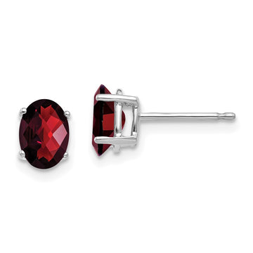 14k White Gold 7x5mm Oval Checker-cut Garnet Post Earrings