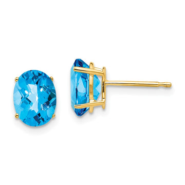 14k 8x6mm Oval Checker-cut Blue Topaz Post Earrings